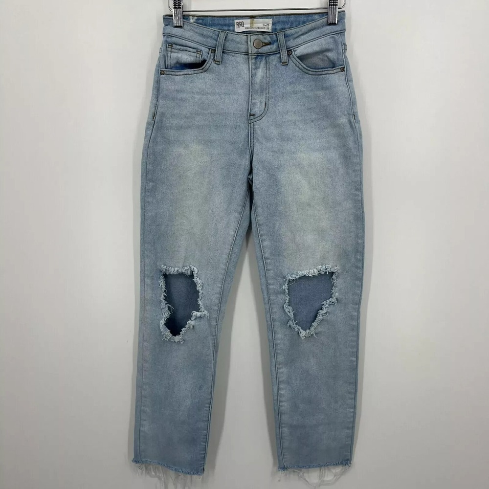 RSQ Jeans Womens 1/25 High Rise Straight Leg Distressed Light Wash Denim